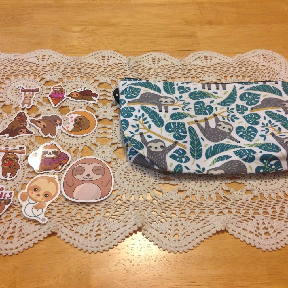 Sloth Lovers Bundle deal, sloth makeup bag and Stickers